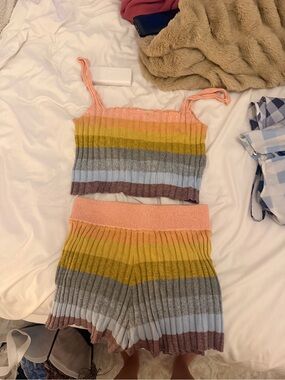 INTERMIX Peach Multi-Stripe Knit Tank and Shorts Set